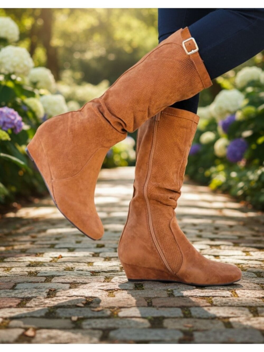 Tan Knee-High Faux Suede Wedge Boots With Side Zipper & Buckle Accent For Women